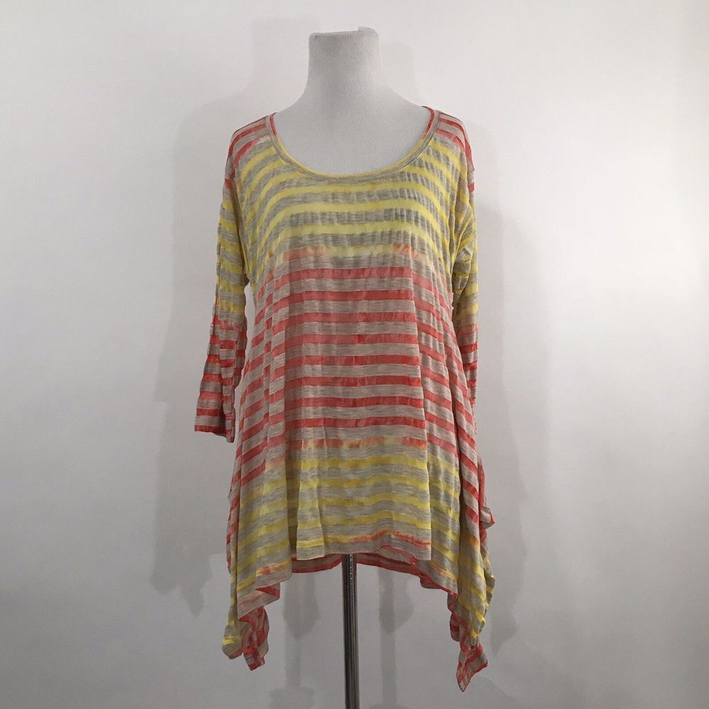 Sundance L Striped Burnout Asymmetrical‎ Hem 3/4 Sleeve Top Semi sheer